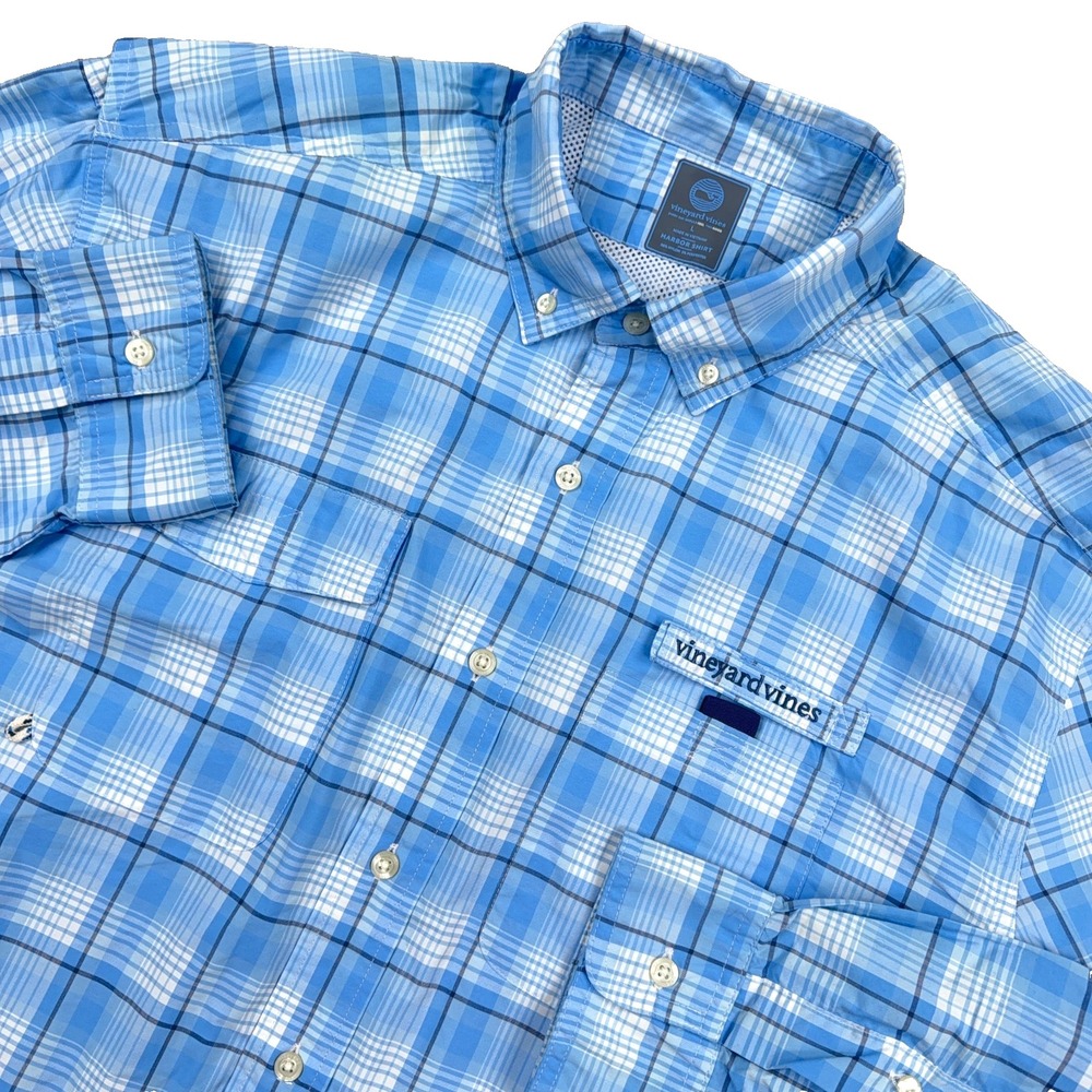 Vineyard Vines Harbor Shirt Men Large Blue Plaid Performance Button Up Nylon